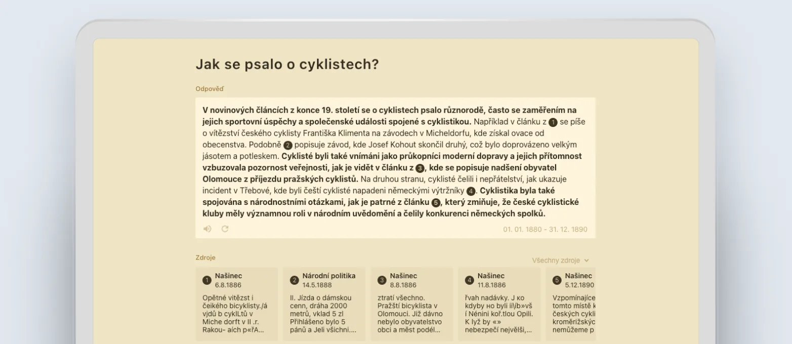 Odpověď Paměti novin na dotaz o cyklistech v 80. letech 19. století