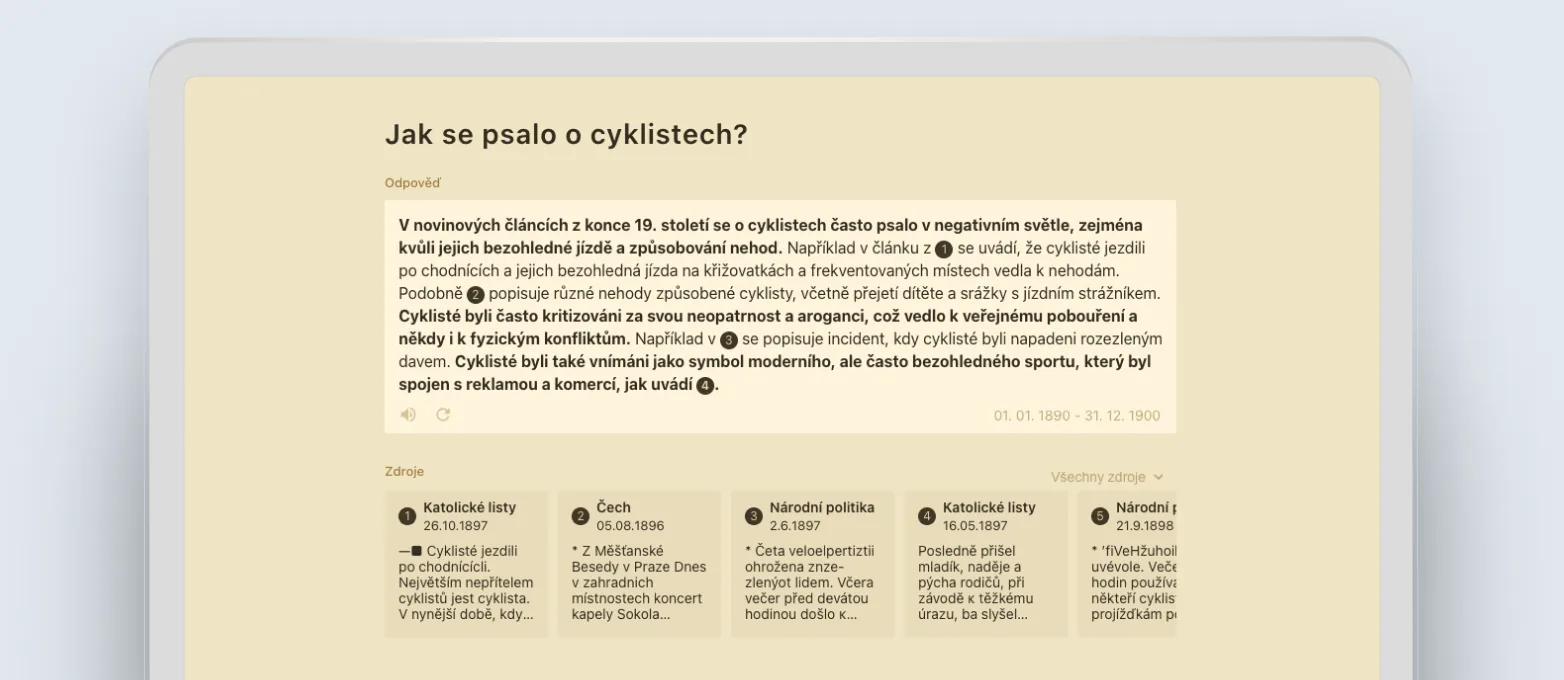 Odpověď Paměti novin na dotaz o cyklistech v 90. letech 19. století
