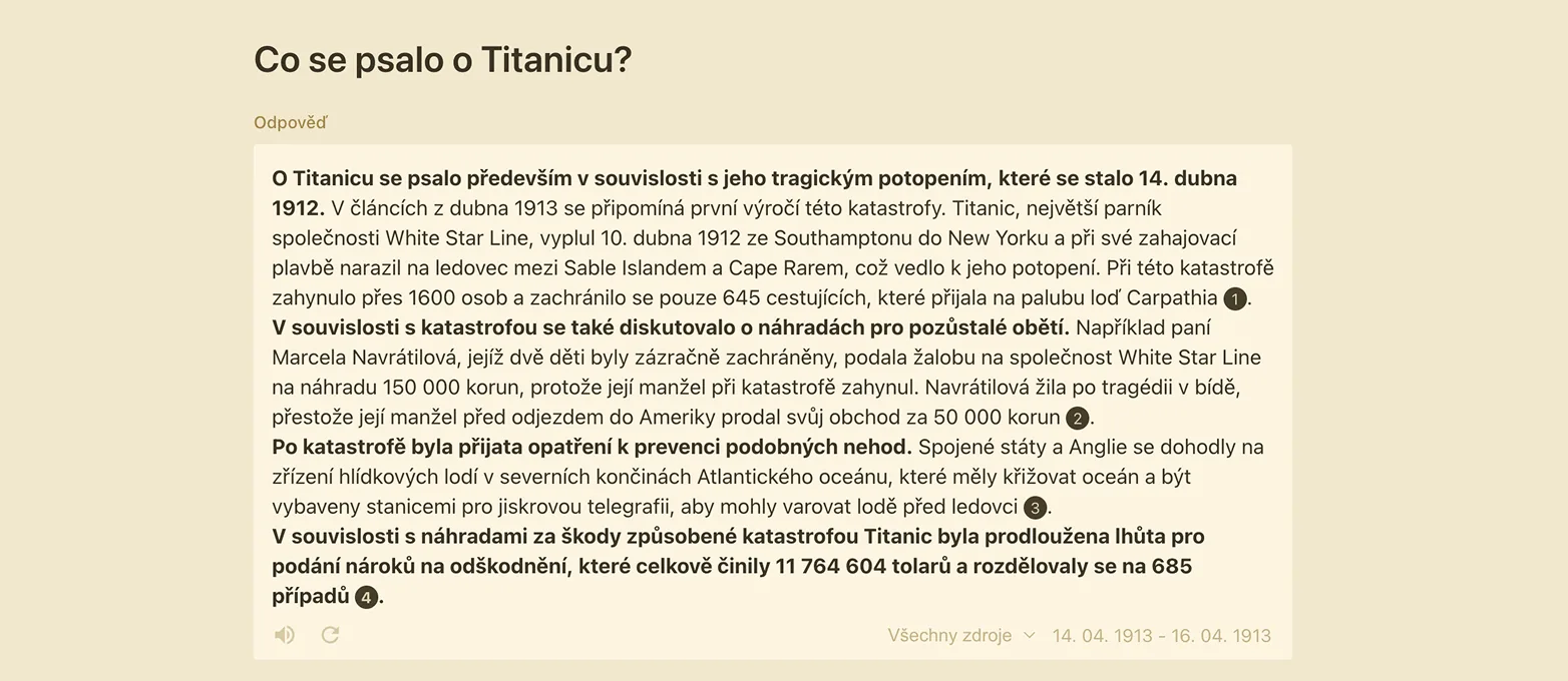 Odpověď Paměti novin o Titanicu v době prvního výročí