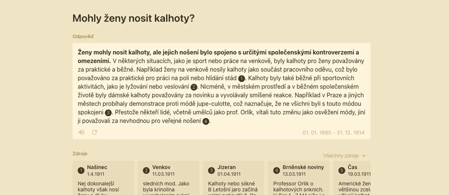 Paměť novin answer to the Czech query “Mohly ženy nosit kalhoty?”