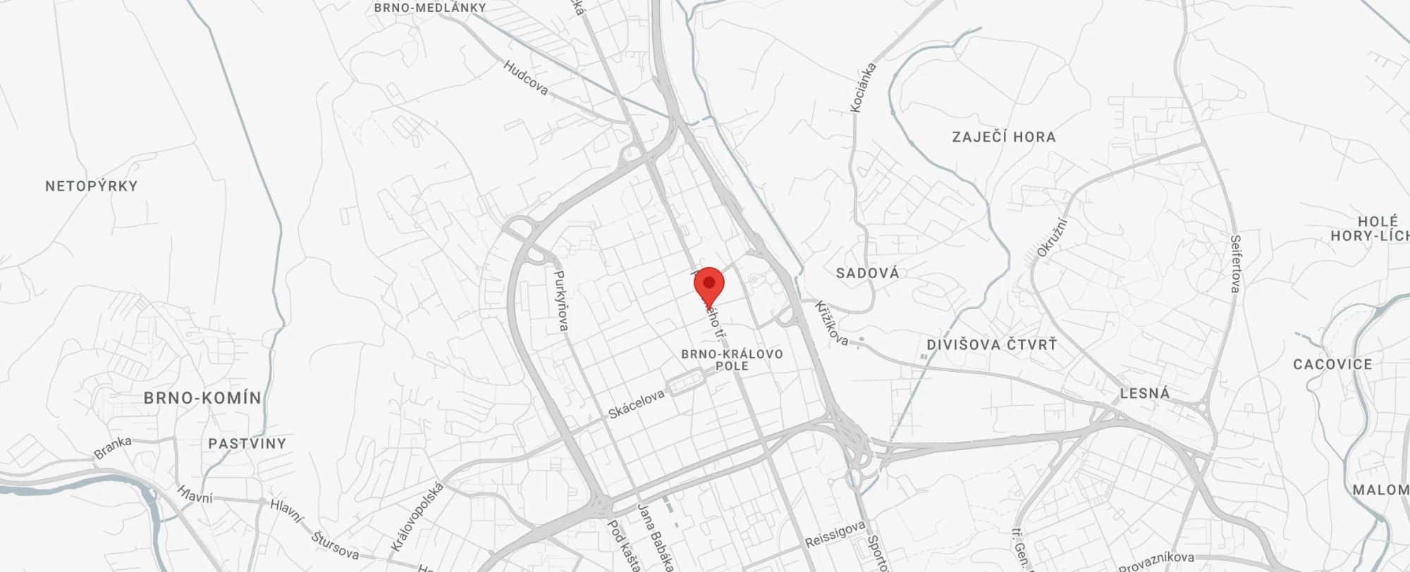 Map of the area around the Trinera offices in Brno-Královo Pole, Palackého třída