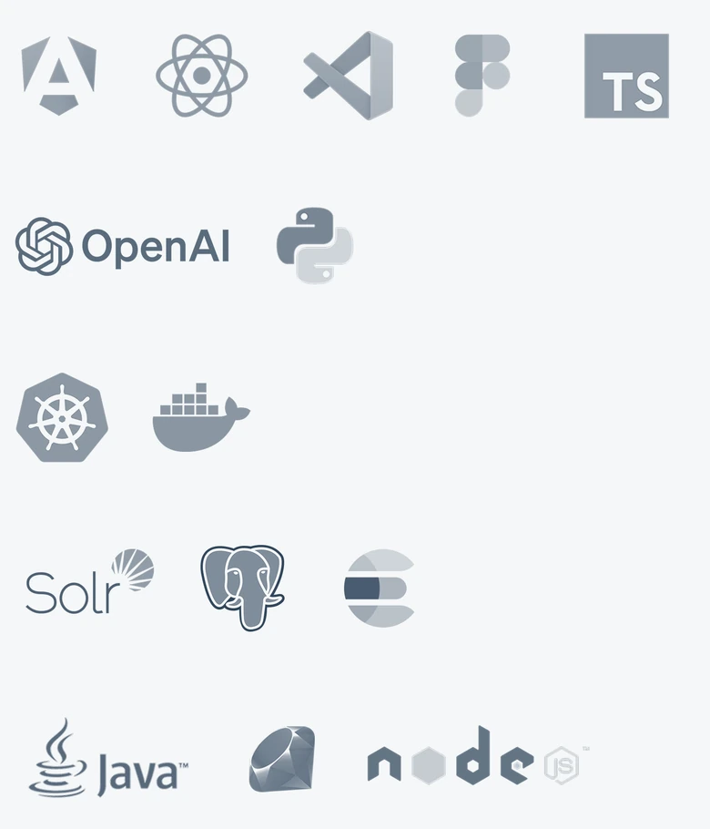 Technologies we work with: Angular, React, VS Code, Figma, TypeScript, OpenAI, Python, Kubernetes, Docker, Solr, PostgreSQL, Elasticsearch, Java, MariaDB and Node.js