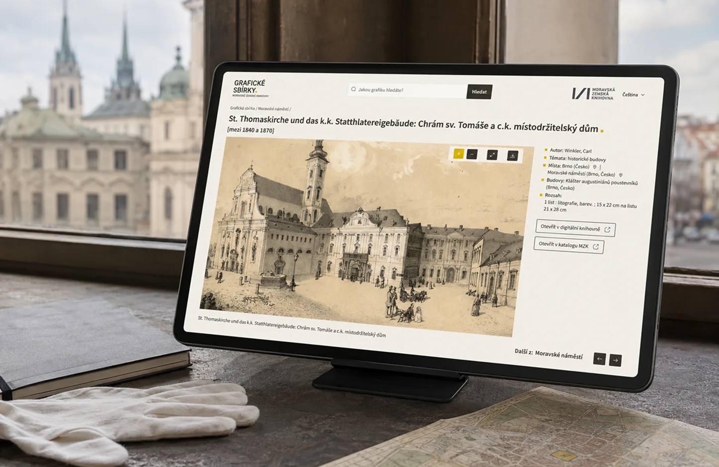 A tablet showing a print detail on the Graphic Collections website