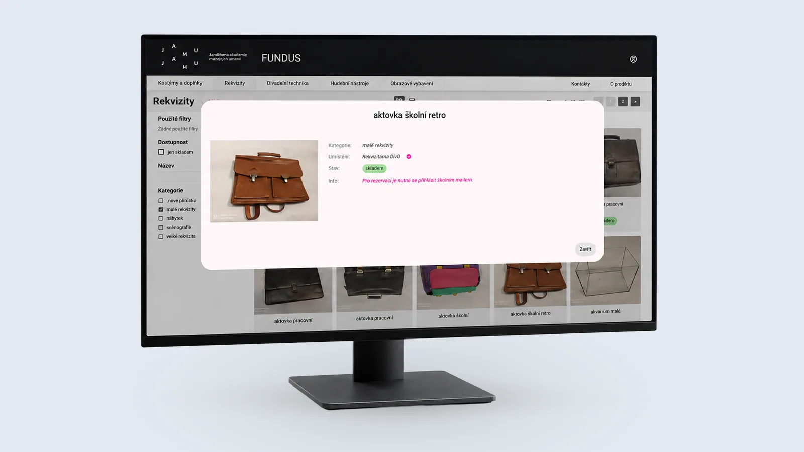 A monitor showing a prop detail on the JAMU Theatre Fundus website