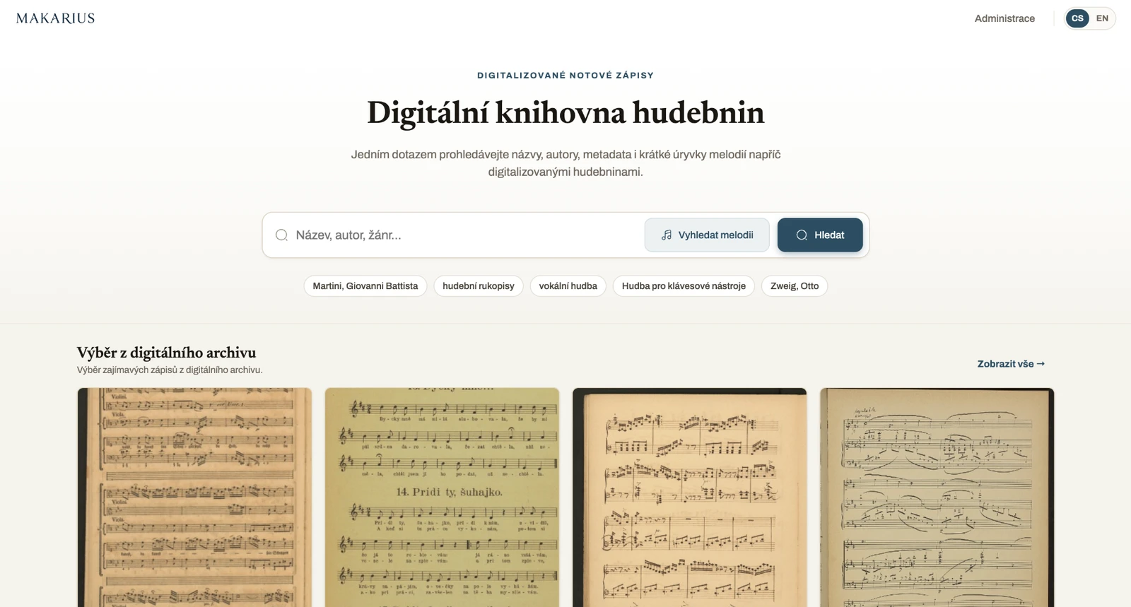 The Makarius homepage with search and a selection from the digital archive