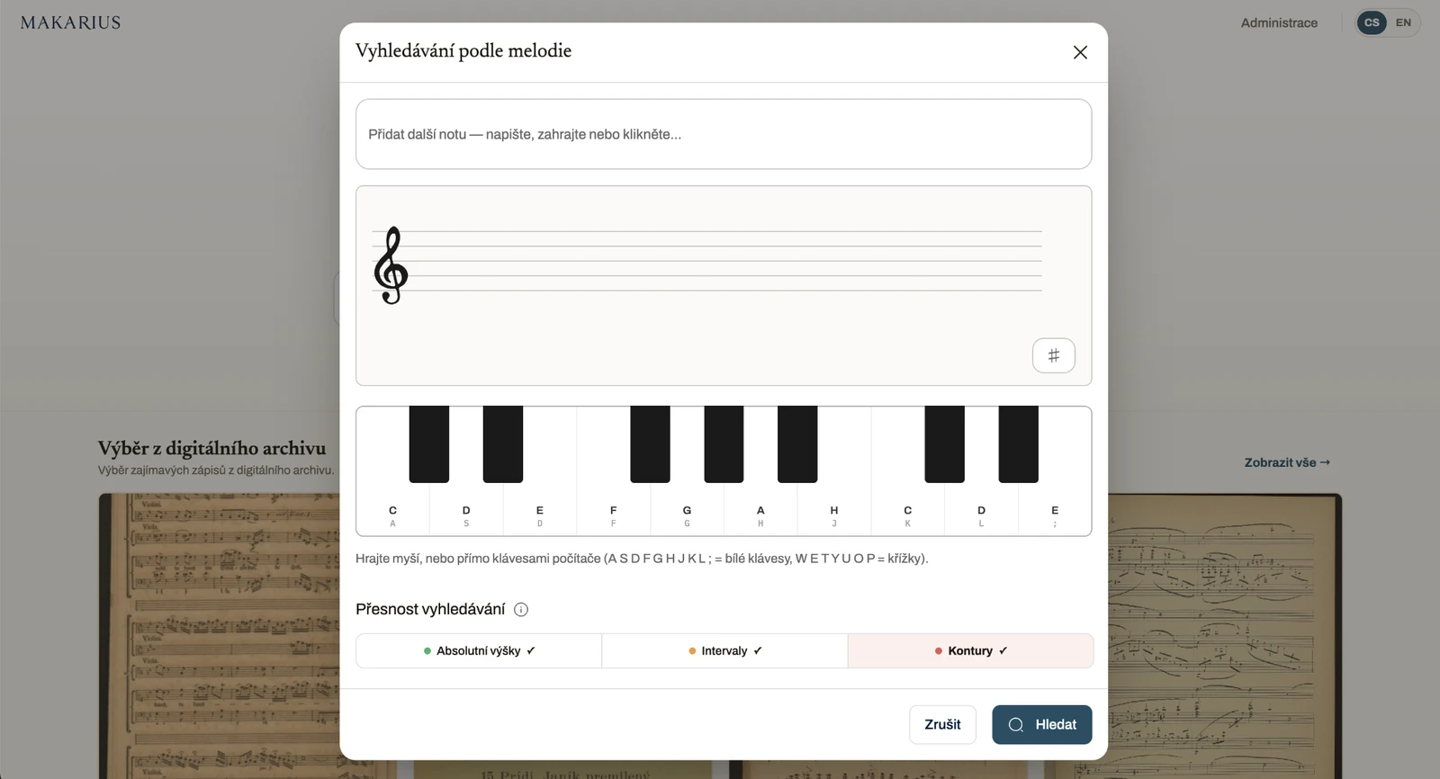 The melody search window with a stave and a piano keyboard