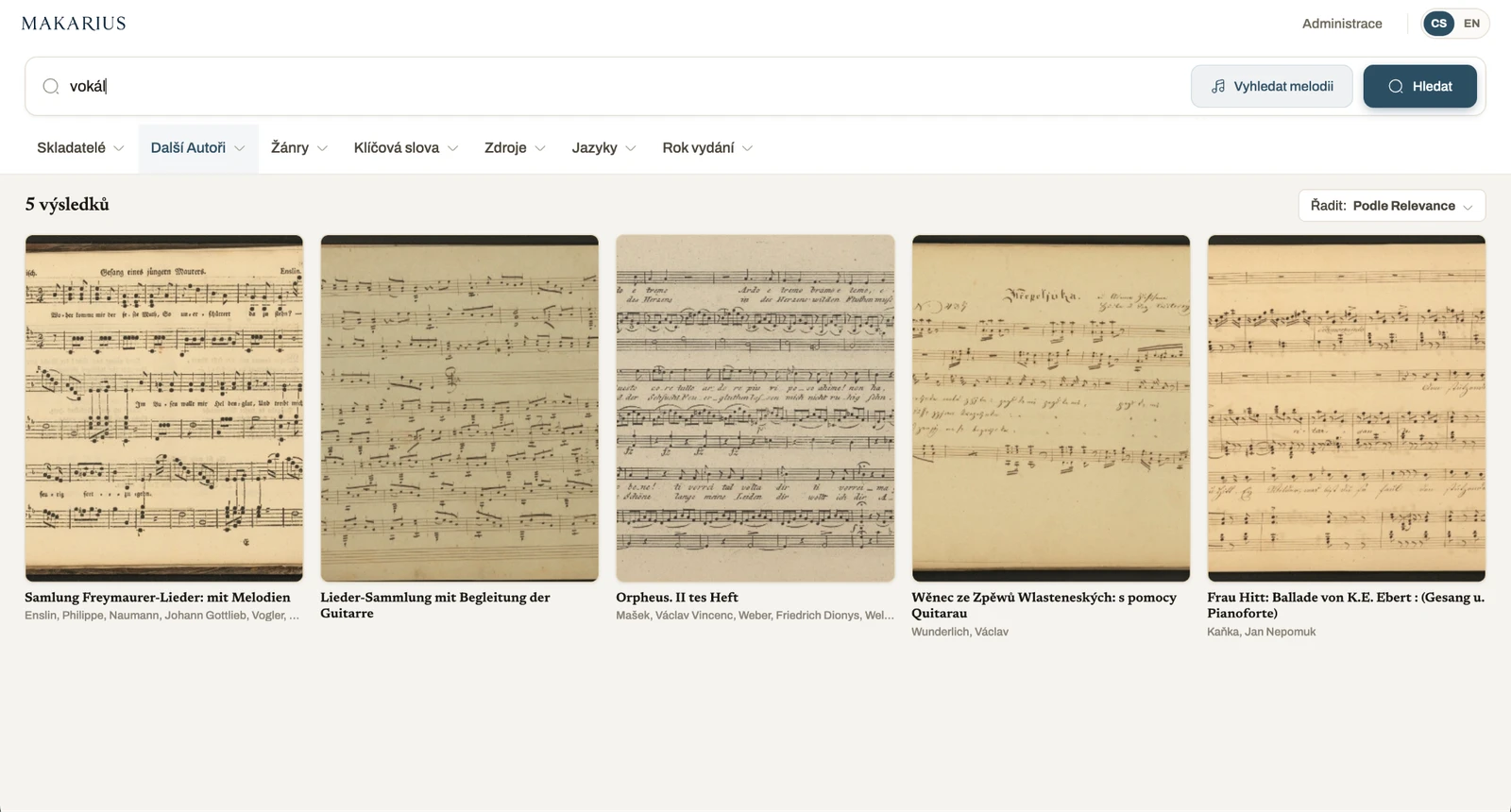 Keyword search results with sheet music thumbnails and filters