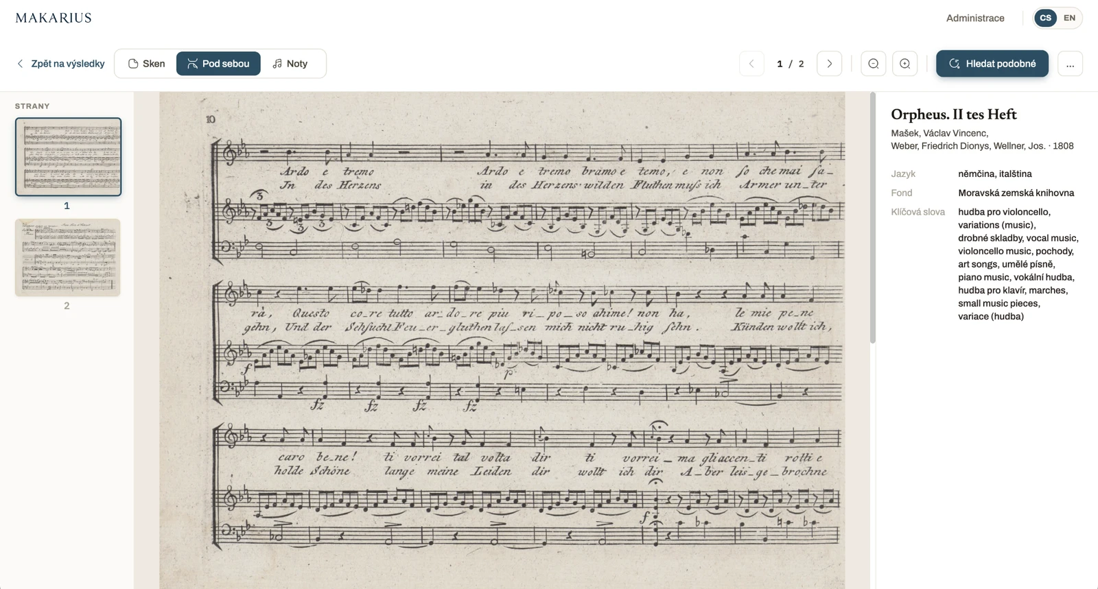 Sheet music detail with page thumbnails and the work's metadata