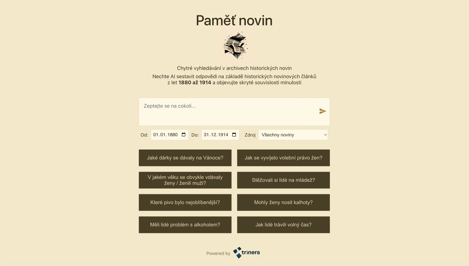 The Paměť novin interface with an answer to a query